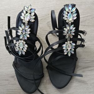 Fashion Nova Black and Silver Heels with Crystal Embellishments
